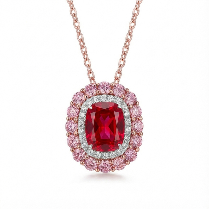 Sotiya Double Halo Cushion Cut Necklace Sterling Silver-Sotiya