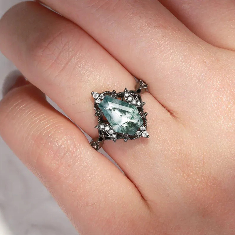 Sotiya Vintage Twist Coffin Cut Green Moss Agate Engagement Ring Sterling Silver-Sotiya