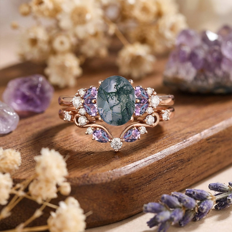 Sotiya Sidestones Cluster Moss Agate Oval Cut Wedding Bridal Ring Set Sterling Silver-Sotiya