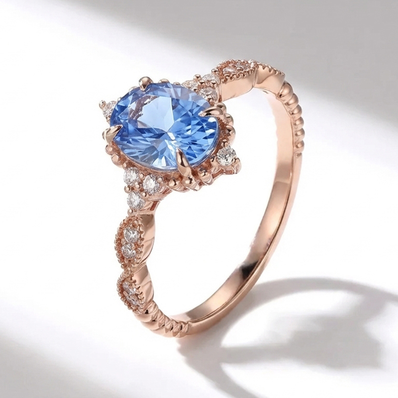 Sotiya Vintage Aquamarine Blue Oval Fantasy Starbrite Cut Engagement Ring Sterling Silver-Sotiya