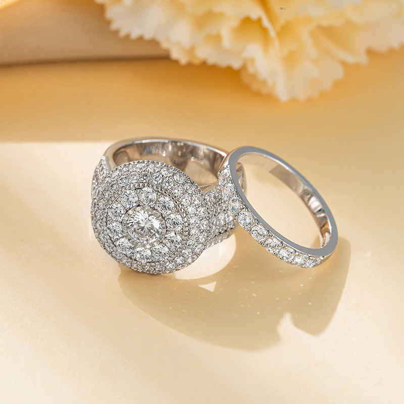 Sotiya Three Halo Milgrain Round Cut Wedding Ring Set Sterling Silver-Sotiya