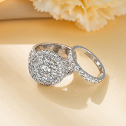 Sotiya Three Halo Milgrain Round Cut Wedding Ring Set Sterling Silver-Sotiya