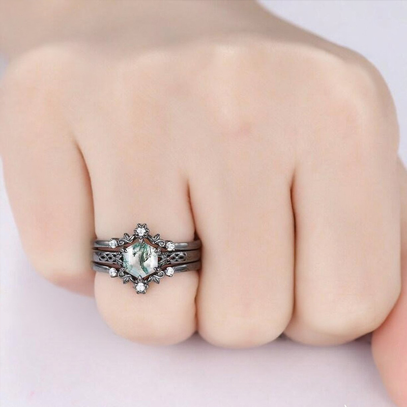 Sotiya Vintage Art Deco Hexagon Cut Green Moss Agate Enhancer Wedding Bridal Ring Set Sterling Silver-Sotiya