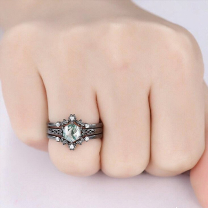Sotiya Vintage Art Deco Hexagon Cut Green Moss Agate Enhancer Wedding Bridal Ring Set Sterling Silver-Sotiya