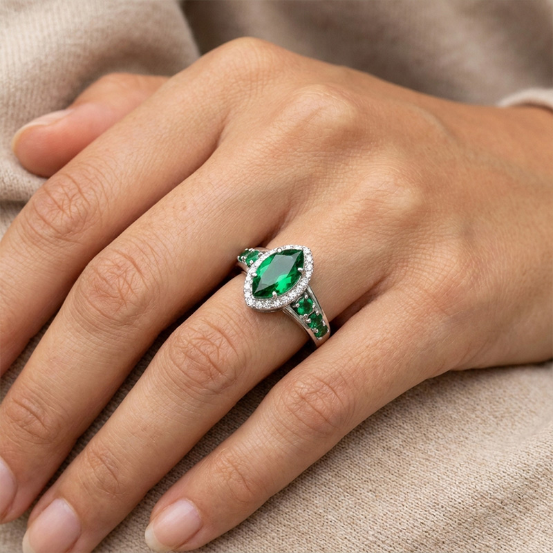 Sotiya Halo Marquise Cut Emerald Green Engagement Ring Sterling Silver