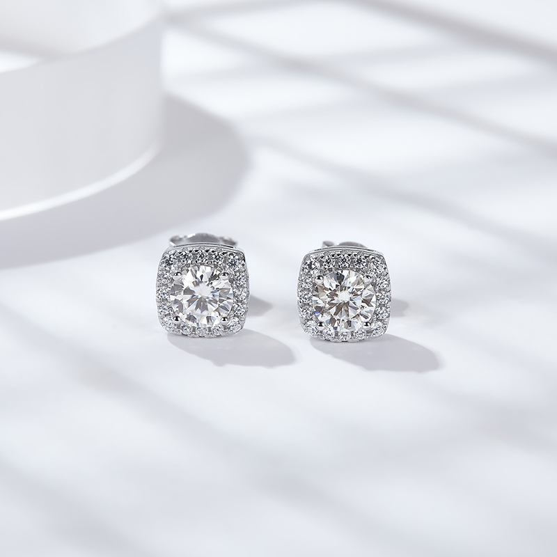 Sotiya Square Halo Design Round Cut Moissanite Stud Earrings Sterling Silver-Sotiya