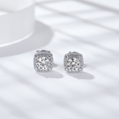 Sotiya Square Halo Design Round Cut Moissanite Stud Earrings Sterling Silver-Sotiya