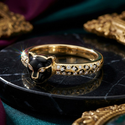 Sotiya Leopard Head Design Leopard Print Black Enamel Ring Sterling Silver-Sotiya