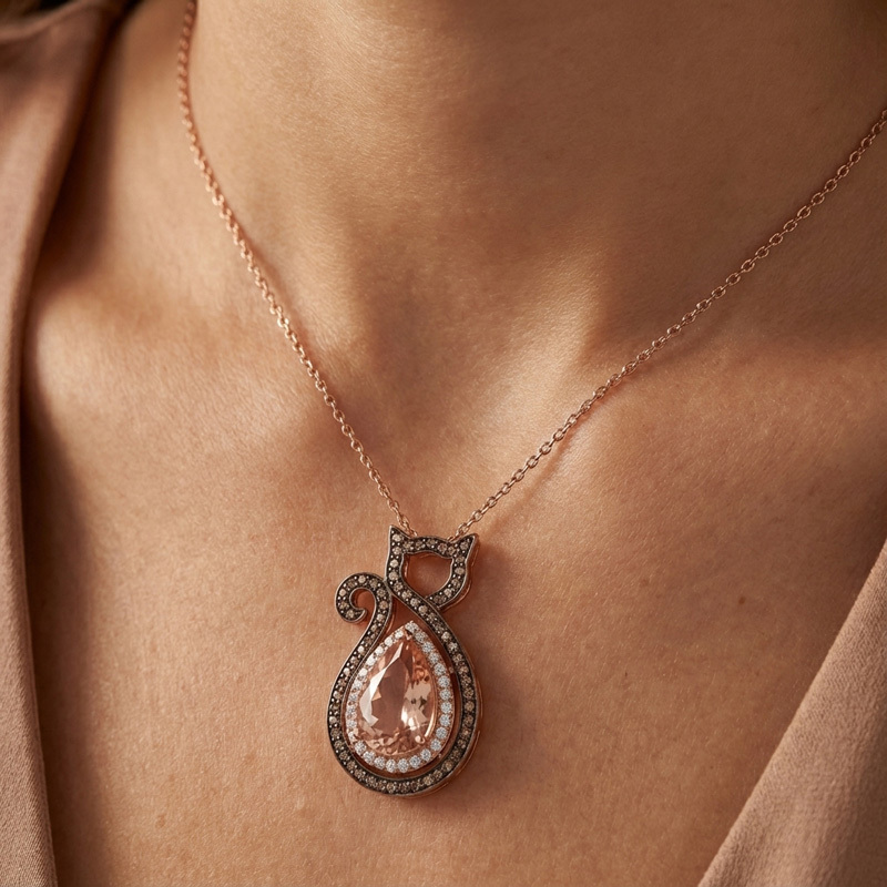 Sotiya Cat Shaped Halo Synthetic Morganite Pear Cut Coffee Necklace Sterling Silver-Sotiya