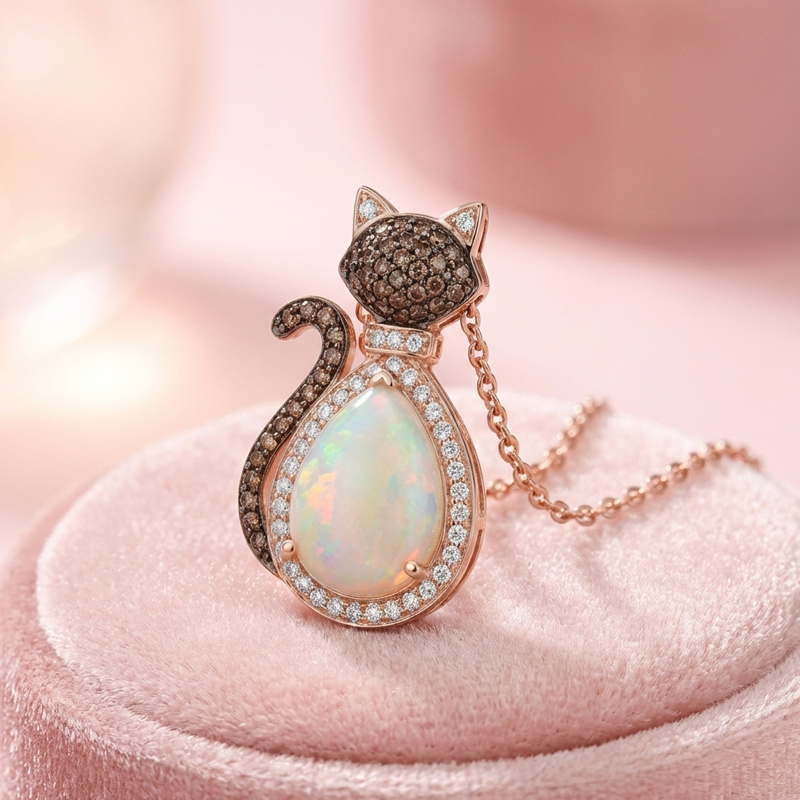 Sotiya Cat Design Halo Opal Pear Cut Coffee Necklace Sterling Silver-Sotiya