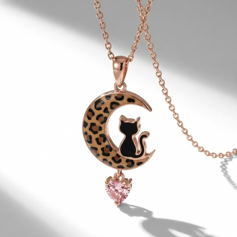 Sotiya Black Cat on Leopard Print Moon Pink Heart Pendant Necklace Sterling Silver-Sotiya