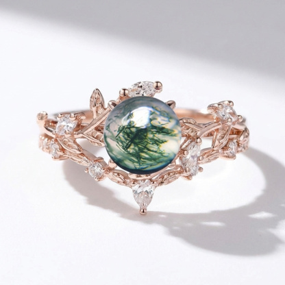 Sotiya Nature Inspired Leaf Moss Agate Round Cut Engagement Ring Sterling Silver-Sotiya