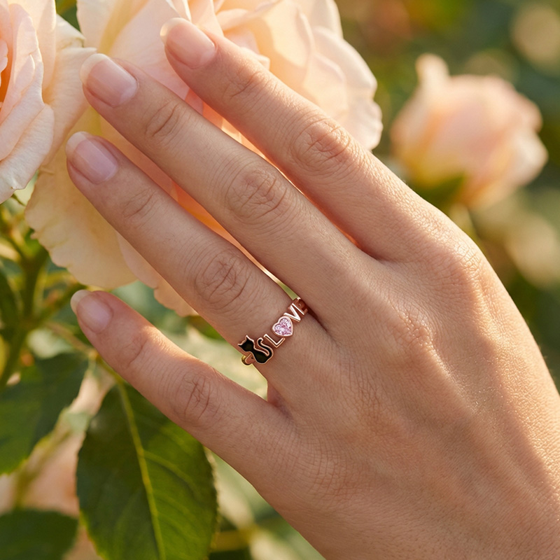 Sotiya 12 Birthstones Love Black Cat Heart Cut Ring Sterling Silver-Sotiya