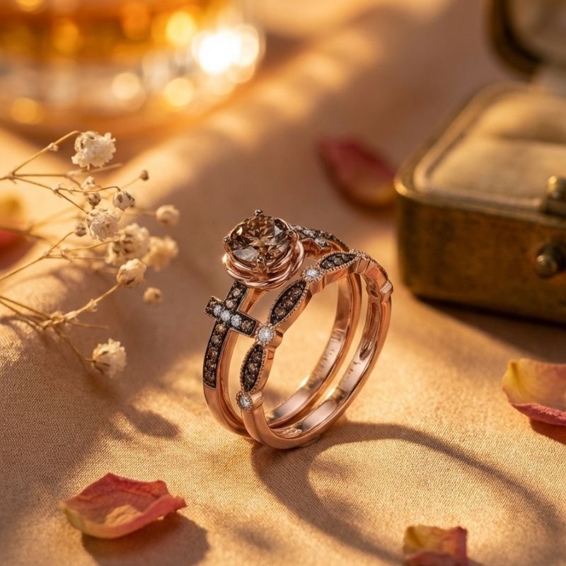 Sotiya Rose Design Faith Cross Coffee Round Cut Wedding Bridal Ring Set Sterling Silver-Sotiya