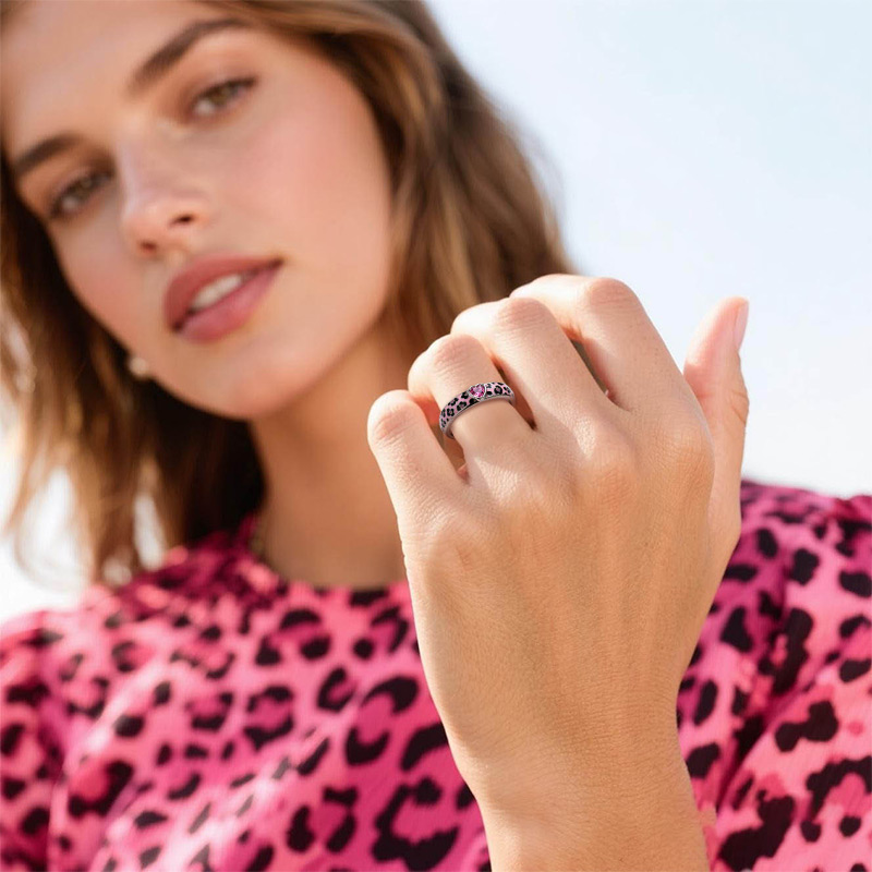Sotiya Heart Cut Pink Leopard Print Enamel Ring Sterling Silver-Sotiya