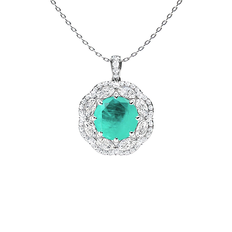 Sotiya Paraiba Round Cut Gorgeous Kaleidoscope Design Double Halo Necklace Sterling Silver-Sotiya