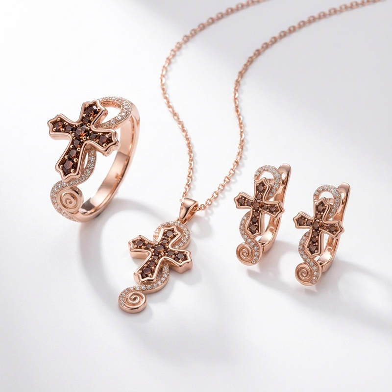 Sotiya Cross Design Faith Round Cut Coffee Jewelry Set Sterling Silver-Sotiya