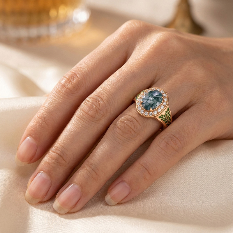 Sotiya Victorian Bay Leaf Enamel Halo Oval Cut Moss Agate Engagement Ring Sterling Silver-Sotiya