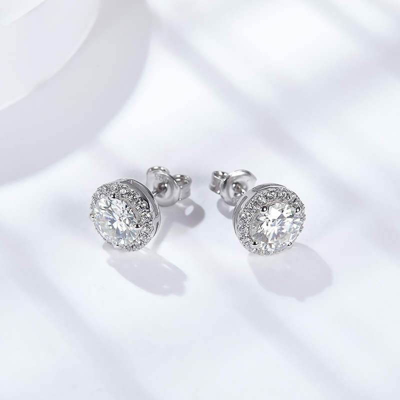 Sotiya Halo Round Cut Moissanite Stud Earrings Sterling Silver-Sotiya