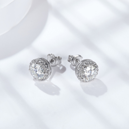 Sotiya Halo Round Cut Moissanite Stud Earrings Sterling Silver-Sotiya