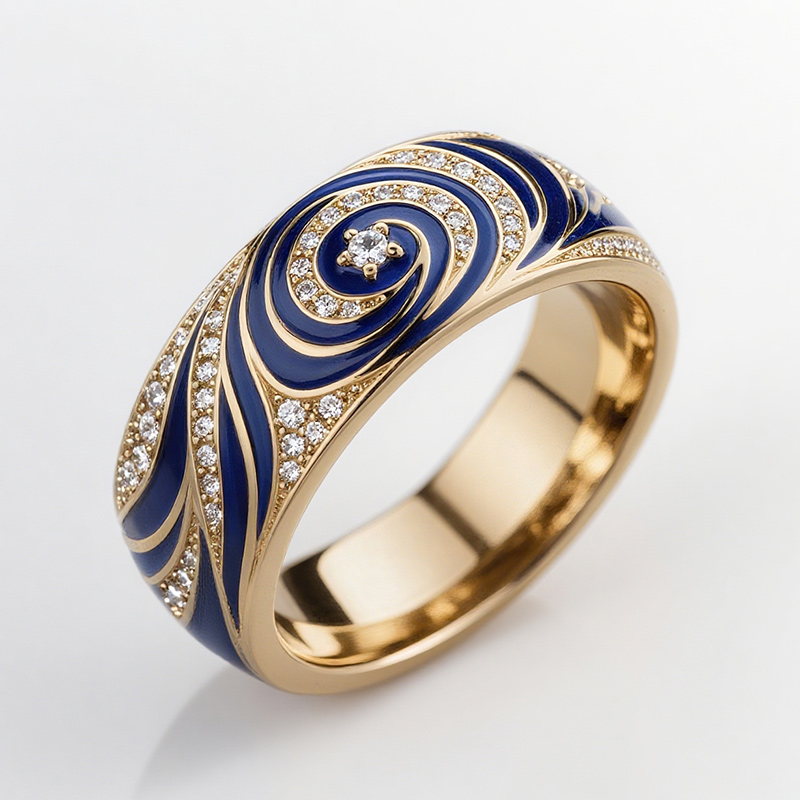 Sotiya Artist Collection Famous Painting Enamel Starry Night Curve Curl Design Women's Wedding Ring Band Sterling Silver-Sotiya