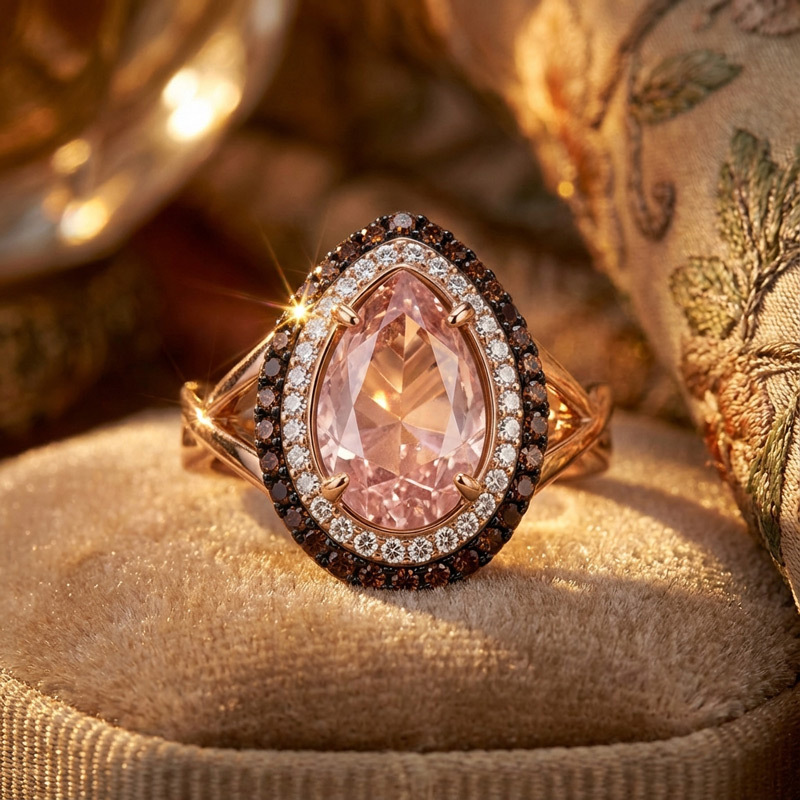 Sotiya Double Halo Pear Cut Pink Coffee Engagement Ring Sterling Silver-Sotiya