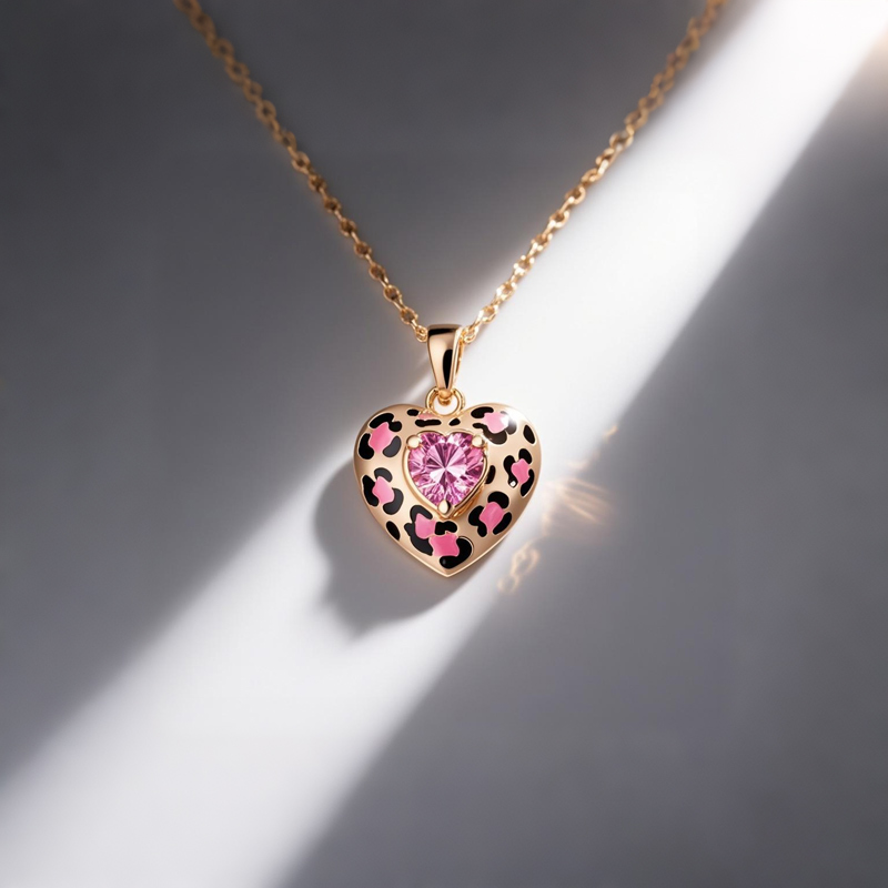 Sotiya Heart Cut Pink Leopard Print Coffee Enamel Necklace Sterling Silver-Sotiya