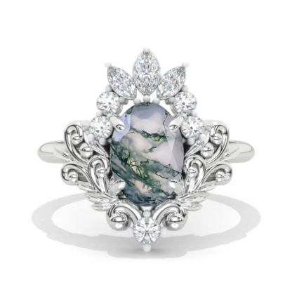 Sotiya Vintage Twist Oval Cut Green Moss Agate Engagement Ring Sterling Silver-Sotiya