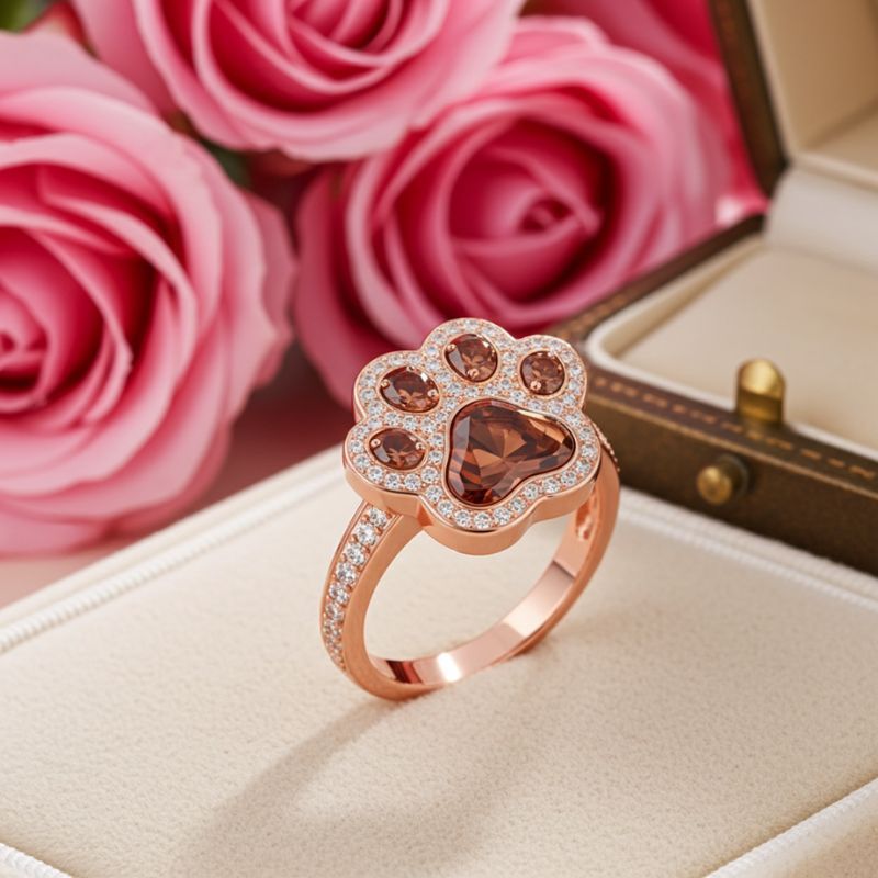 Sotiya Pet Cat Dog Paw Halo Coffee Heart Cut Cocktail Ring Sterling Silver-Sotiya