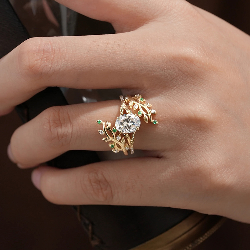 Sotiya Oval Cut Vine Leaf Design Wedding Bridal Ring Set Sterling Silver