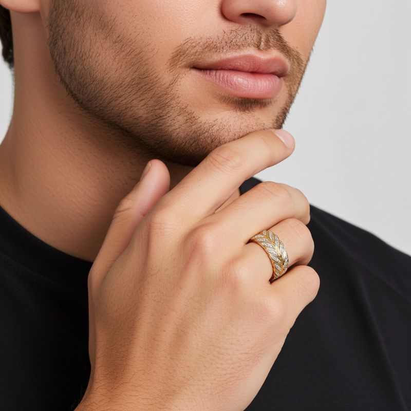 Sotiya Feather Design Unisex Coffee Chevron Band Ring Sterling Silver-Sotiya