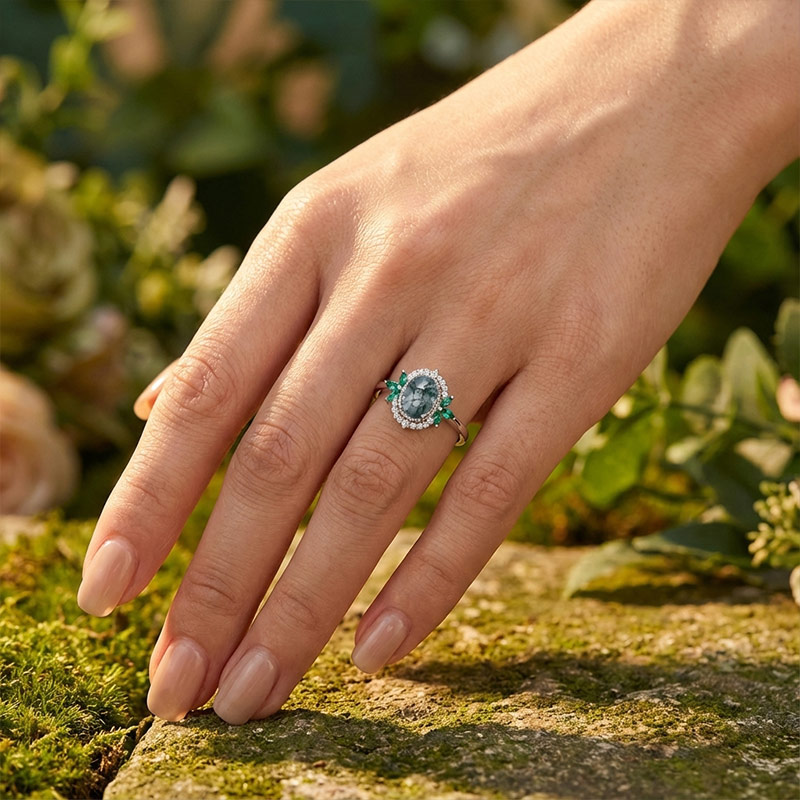 Sotiya Art Deco Moss Agate Oval Cut Engagement Ring Sterling Silver-Sotiya