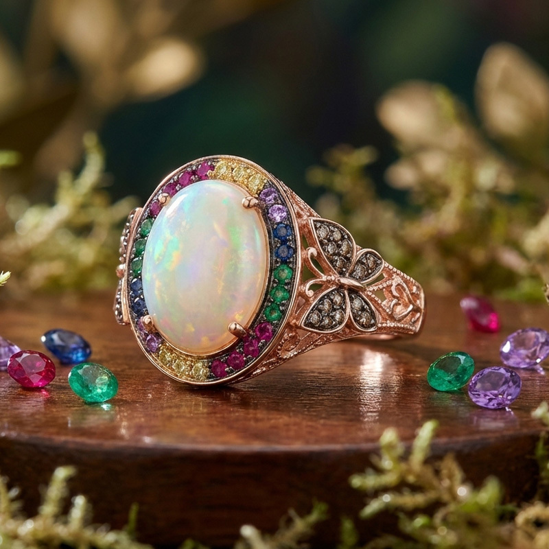Sotiya Butterfly Colorful Halo Opal Oval Cut Coffee Engagement Ring Sterling Silver-Sotiya