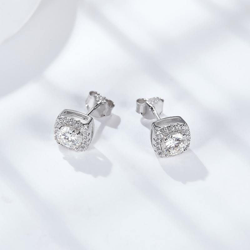 Sotiya Square Halo Design Round Cut Moissanite Stud Earrings Sterling Silver-Sotiya