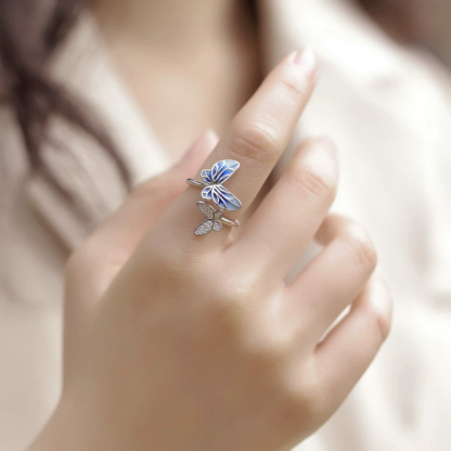 Sotiya Blue Enamel Butterfly Open Cocktail Ring Sterling Silver-Sotiya