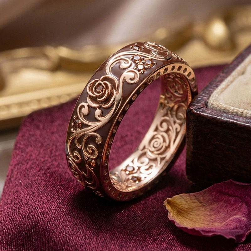 Sotiya Victorian Rococo Flower Enamel Round Cut Coffee Women's Wedding Ring Sterling Silver-Sotiya