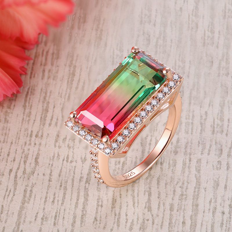 Sotiya Exquisite Halo Design Emerald Cut Watermelon Engagement Ring Sterling Silver-Sotiya