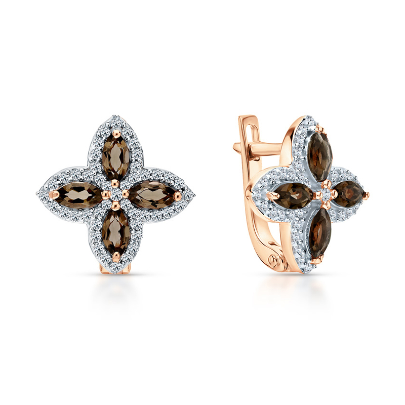 Sotiya Four Leaf Clover Two Tone Halo Marquise Cut Coffee Huggie Hoop Earrings Sterling Silver-Sotiya