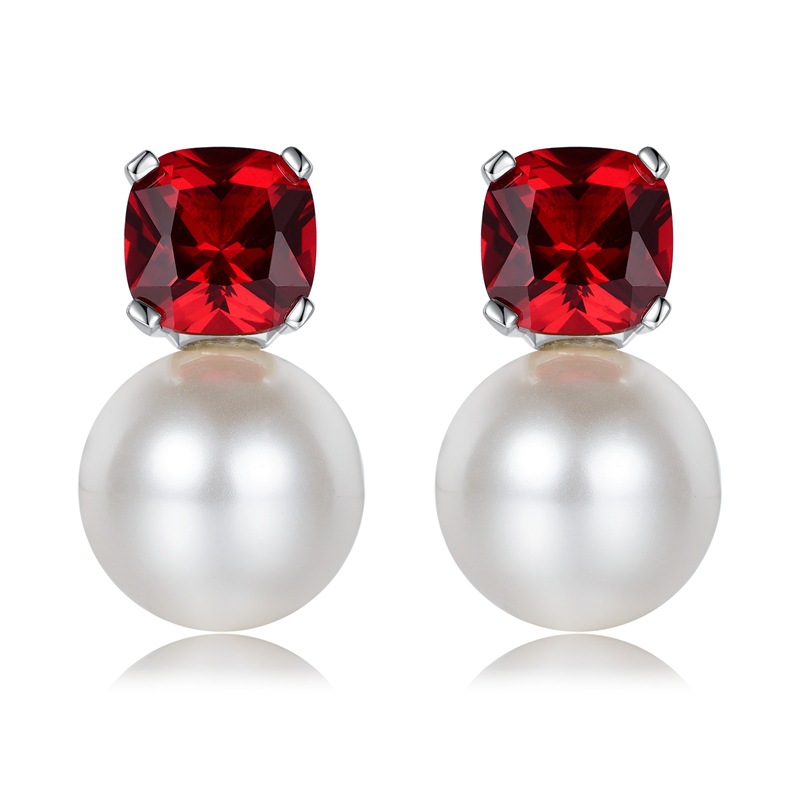 Sotiya Cushion Cut Garnet Red 10mm Pearl Stud Earrings Sterling Silver-Sotiya