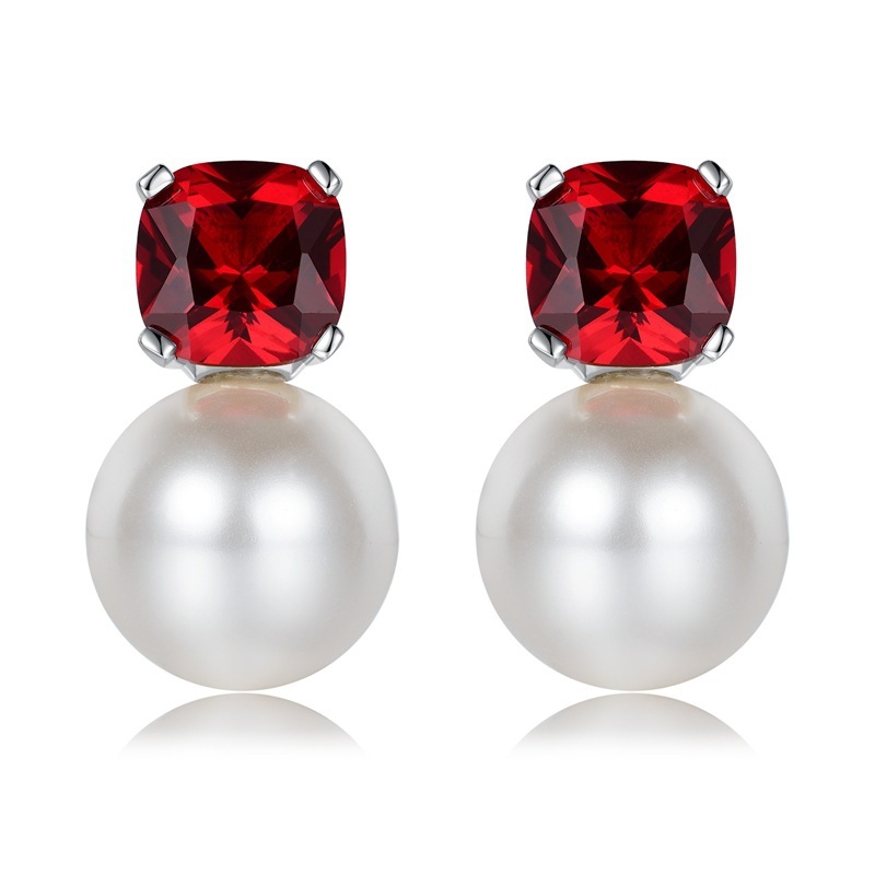 Sotiya Cushion Cut Garnet Red 10mm Pearl Stud Earrings Sterling Silver-Sotiya