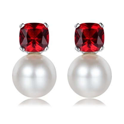 Sotiya Cushion Cut Garnet Red 10mm Pearl Stud Earrings Sterling Silver-Sotiya