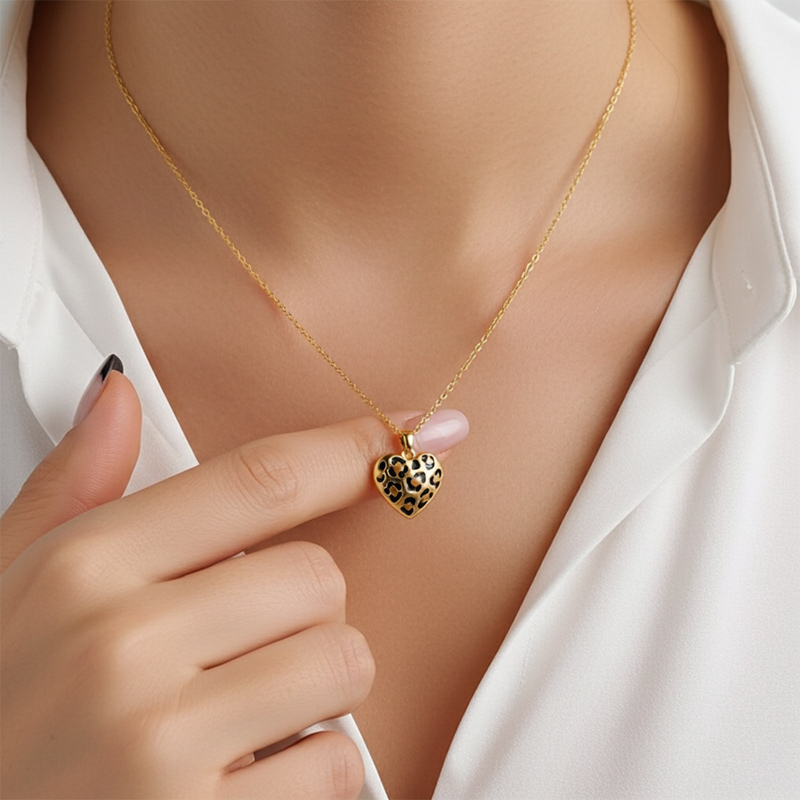 Sotiya Heart Leopard Print Coffee Enamel Necklace Sterling Silver