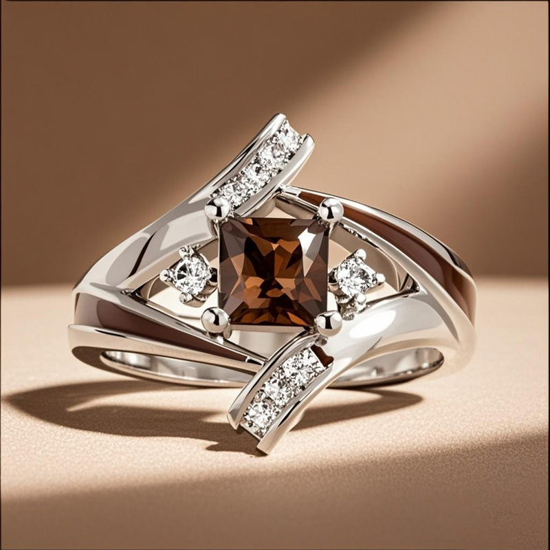 Sotiya Princess Cut Bypass Coffee Enamel Engagement Ring Sterling Silver-Sotiya