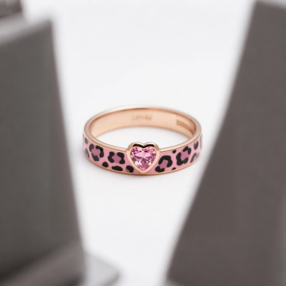 Sotiya Heart Cut Pink Leopard Print Enamel Ring Sterling Silver-Sotiya