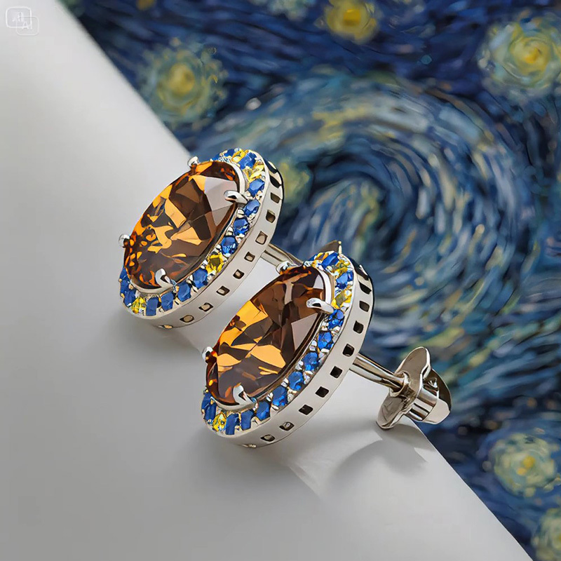 Sotiya Artist Collection Famous Painting Starry Night Coffee Halo Round Cut Stud Earrings Sterling Silver