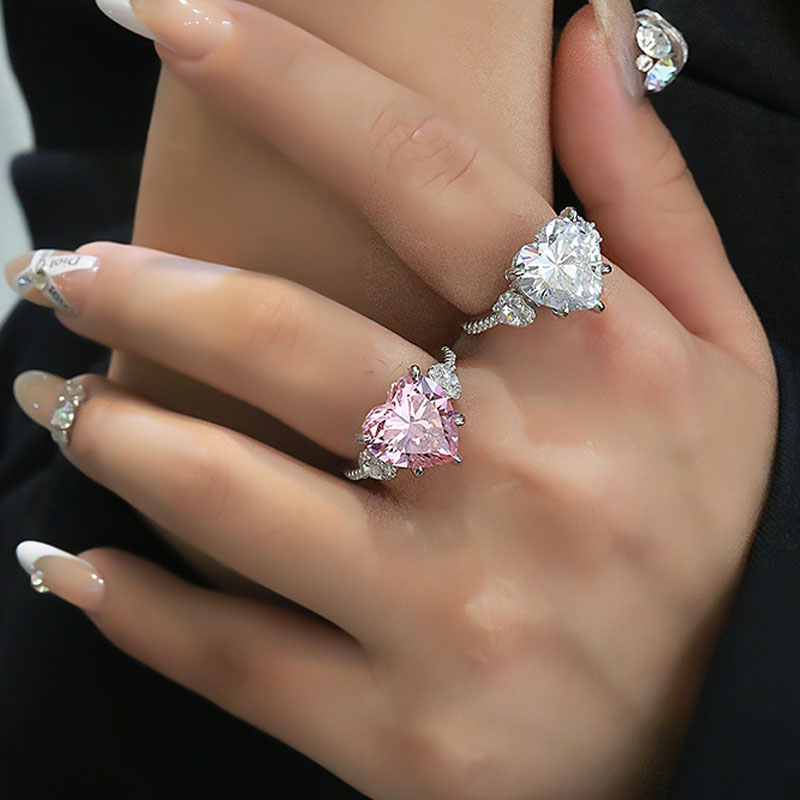 Sotiya Three Stone Hidden Halo Cathedral Design Heart Cut High-carbon Zircon Engagement Ring in Sterling Silver-Sotiya