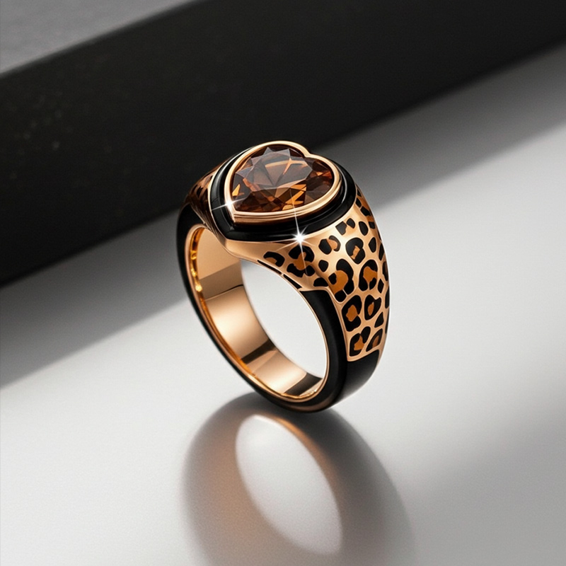 Sotiya Heart Cut Leopard Print Coffee Enamel Ring Sterling Silver-Sotiya
