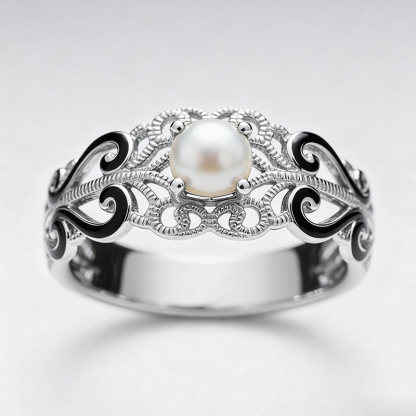 Sotiya Victorian Rococo Black Enamel Pearl Ring Sterling Silver-Sotiya