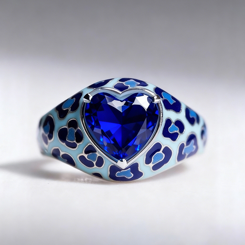 Sotiya Heart Cut Blue Leopard Print Enamel Ring Sterling Silver-Sotiya