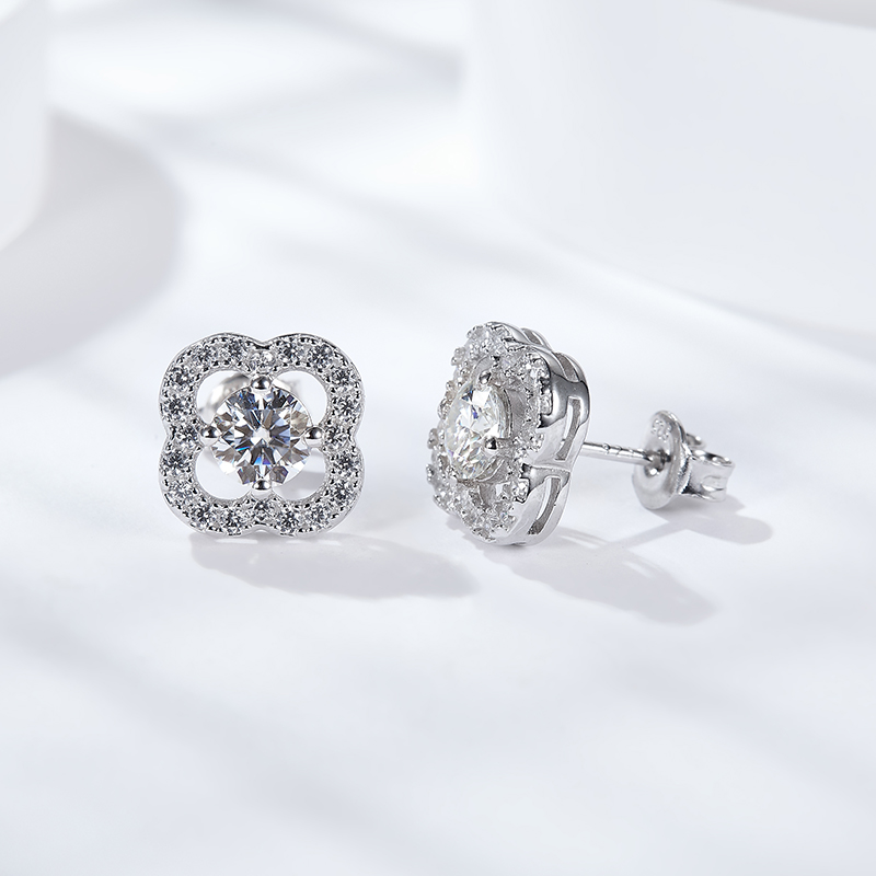 Sotiya Four Leaf Clover Round Cut Moissanite Stud Earrings Sterling Silver-Sotiya